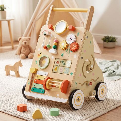 Wooden Baby Push Walker for 1 Year Old, Montessori Wood Walking Toy | with Adjustable Speed and Silent Rubber Wheels, 9-in-1 Activity Center Gift for Babies 6-12 Months in Kuwait