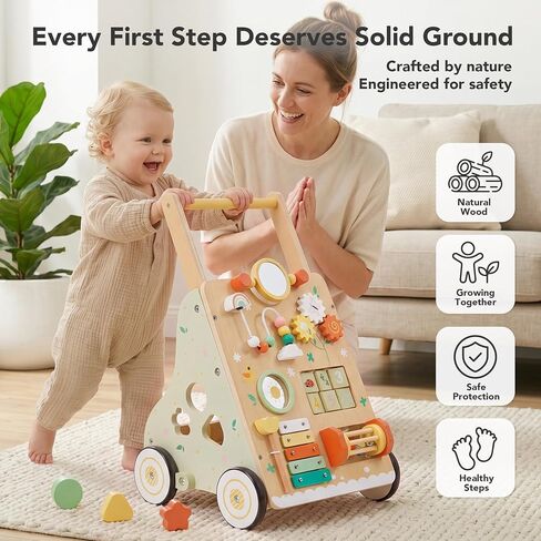 Wooden Baby Push Walker for 1 Year Old, Montessori Wood Walking Toy | with Adjustable Speed and Silent Rubber Wheels, 9-in-1 Activity Center Gift for Babies 6-12 Months in Kuwait