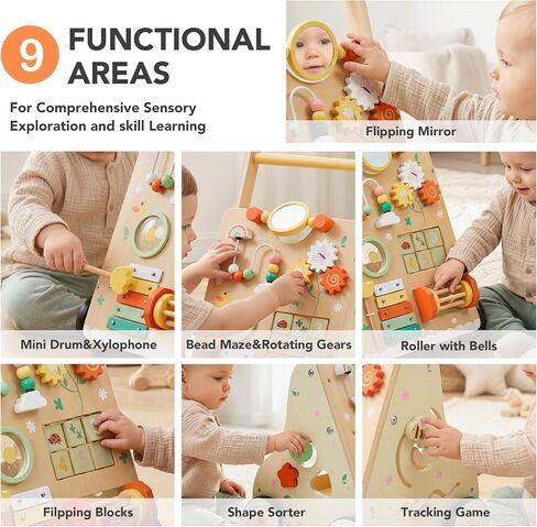 Wooden Baby Push Walker for 1 Year Old, Montessori Wood Walking Toy | with Adjustable Speed and Silent Rubber Wheels, 9-in-1 Activity Center Gift for Babies 6-12 Months in Kuwait