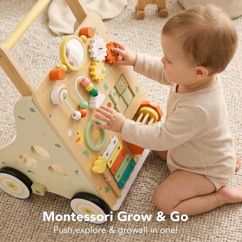 Wooden Baby Push Walker for 1 Year Old, Montessori Wood Walking Toy | with Adjustable Speed and Silent Rubber Wheels, 9-in-1 Activity Center Gift for Babies 6-12 Months in Kuwait