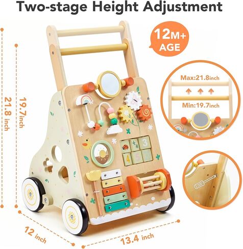 Wooden Baby Push Walker for 1 Year Old, Montessori Wood Walking Toy | with Adjustable Speed and Silent Rubber Wheels, 9-in-1 Activity Center Gift for Babies 6-12 Months in Kuwait