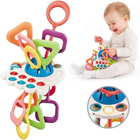 Baby Toys 6-12 Months, Montessori Silicone Pulling Toy for Babies, 6 in 1 Pull String Sensory Toy, Baby Teething Toy, Car Seat & Stroller Toys, Gift for 1 Year Old Boy Girl in Kuwait