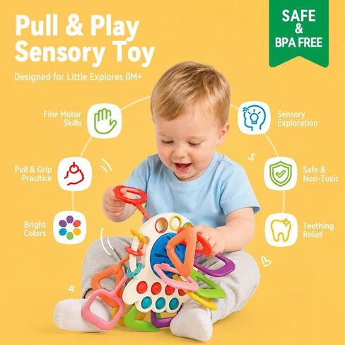 Baby Toys 6-12 Months, Montessori Silicone Pulling Toy for Babies, 6 in 1 Pull String Sensory Toy, Baby Teething Toy, Car Seat & Stroller Toys, Gift for 1 Year Old Boy Girl in Kuwait