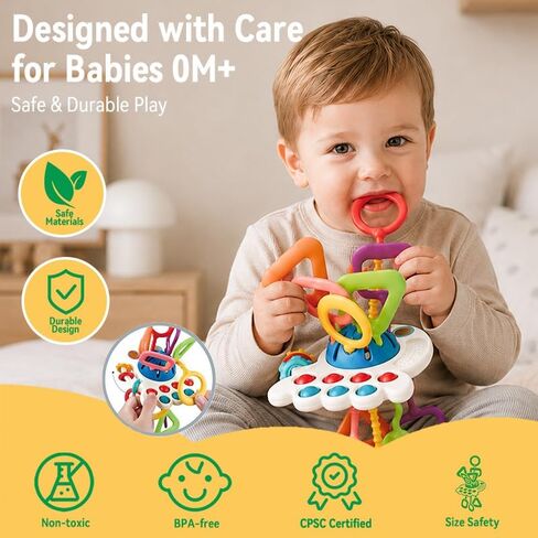 Baby Toys 6-12 Months, Montessori Silicone Pulling Toy for Babies, 6 in 1 Pull String Sensory Toy, Baby Teething Toy, Car Seat & Stroller Toys, Gift for 1 Year Old Boy Girl in Kuwait