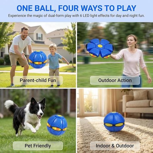 Magic Bouncing Ball 6LED Transforming Disc for Kids Indoor Outdoor | Instantly transforms from bouncy ball to flying disc. 6 LED lights auto-activate on impact. Soft TPE safe for kids & floors in Kuwait