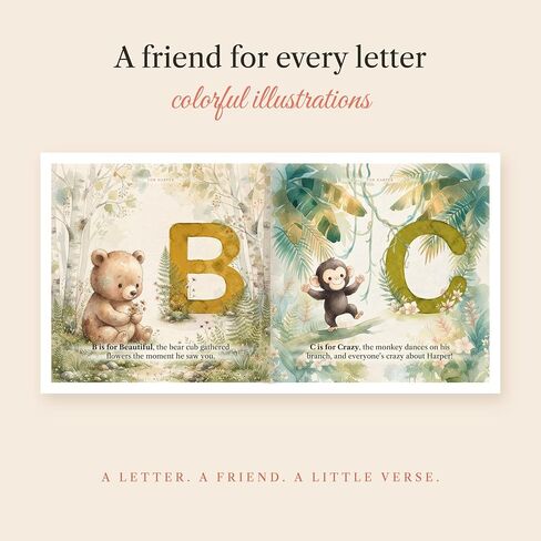 Personalized Alphabet Book for Kids – Custom Name ABC Keepsake with Watercolor Animals – Made to Order Baby Gift for Boys & Girls – Softcover or Hardcover, 8" x 8", Ages 0-6 in Kuwait