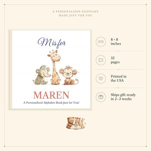 Personalized Alphabet Book for Kids – Custom Name ABC Keepsake with Watercolor Animals – Made to Order Baby Gift for Boys & Girls – Softcover or Hardcover, 8" x 8", Ages 0-6 in Kuwait