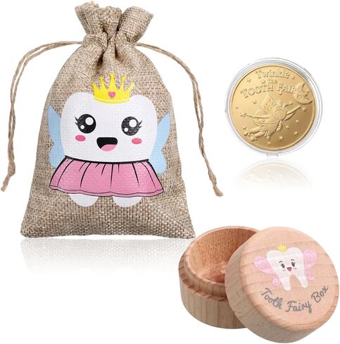 3 Pcs Tooth Fairy Box Teeth Keepsake Storage Boxs Cute Carved Wooden Box with Tooth Stores Lost Teeth for Kids Souvenir Dropped Gift With Toothes Fairy Bag Foil Reward Coins for Little Boy Girl in Kuwait