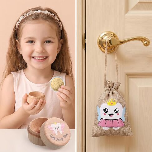 3 Pcs Tooth Fairy Box Teeth Keepsake Storage Boxs Cute Carved Wooden Box with Tooth Stores Lost Teeth for Kids Souvenir Dropped Gift With Toothes Fairy Bag Foil Reward Coins for Little Boy Girl in Kuwait