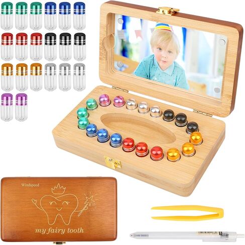 Windspeed 20 Holes Wooden Tooth Boxes for Lost Teeth Box Wooden Baby Tooth Holder for Toddler Milk Teeth Saver Storage Holder with 20 Sealed Plastic Tubes, A Small Tweezers and A Marker(7x3.9x2 In) in Kuwait