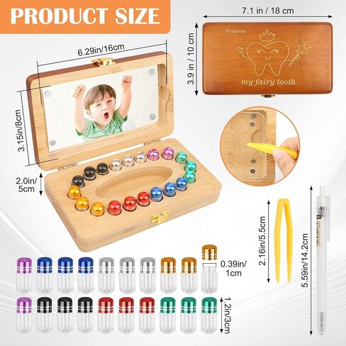 Windspeed 20 Holes Wooden Tooth Boxes for Lost Teeth Box Wooden Baby Tooth Holder for Toddler Milk Teeth Saver Storage Holder with 20 Sealed Plastic Tubes, A Small Tweezers and A Marker(7x3.9x2 In) in Kuwait