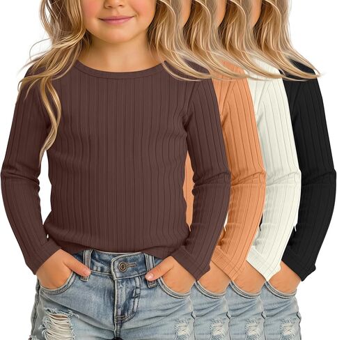 4 Pack Toddler Girls Long Sleeve Shirts Ribbed Boat Neck Casual Tops Regular Fit Solid Basic Soft Kids Tees in Kuwait