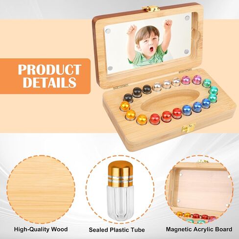 Windspeed 20 Holes Wooden Tooth Boxes for Lost Teeth Box Wooden Baby Tooth Holder for Toddler Milk Teeth Saver Storage Holder with 20 Sealed Plastic Tubes, A Small Tweezers and A Marker(7x3.9x2 In) in Kuwait