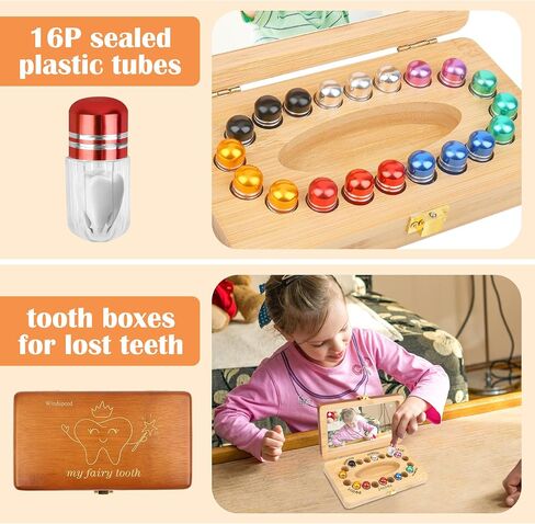 Windspeed 20 Holes Wooden Tooth Boxes for Lost Teeth Box Wooden Baby Tooth Holder for Toddler Milk Teeth Saver Storage Holder with 20 Sealed Plastic Tubes, A Small Tweezers and A Marker(7x3.9x2 In) in Kuwait