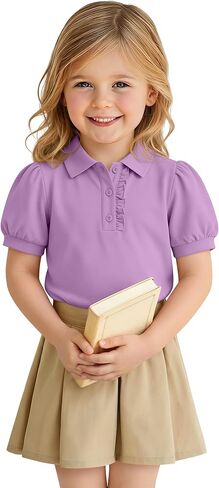 Halfchet Toddler Girls Puff Sleeve Polo Shirts | Collared, Button, Cotton, Uniform, Back to School, Preschool, Daycare, Playdates, Everyday Wear in Kuwait