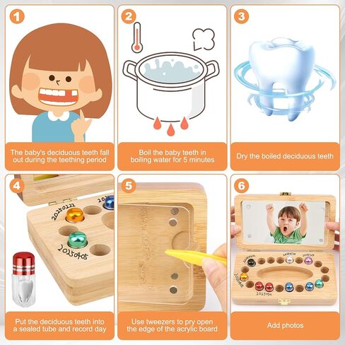 Windspeed 20 Holes Wooden Tooth Boxes for Lost Teeth Box Wooden Baby Tooth Holder for Toddler Milk Teeth Saver Storage Holder with 20 Sealed Plastic Tubes, A Small Tweezers and A Marker(7x3.9x2 In) in Kuwait