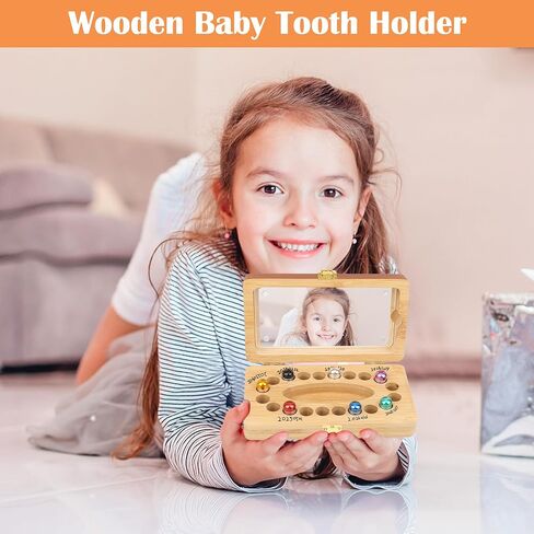 Windspeed 20 Holes Wooden Tooth Boxes for Lost Teeth Box Wooden Baby Tooth Holder for Toddler Milk Teeth Saver Storage Holder with 20 Sealed Plastic Tubes, A Small Tweezers and A Marker(7x3.9x2 In) in Kuwait