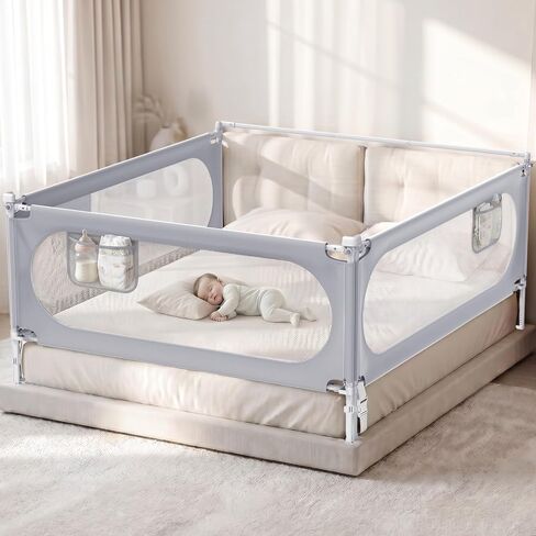 3-Sides Queen Size Bed Rails for Toddlers, Baby Bed Rail Guard for Kids | Headboard Rod, No-Drill, Height Adjustable, No-gap Safety, Single Side Lift, Children Lock, Storage Pockets, Breathable Mesh in Kuwait