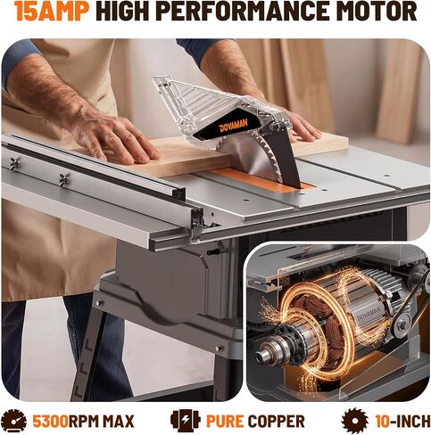 DOVAMAN 10-Inch 15A Table Saw, Tablesaw/W Stand, Max Cutting Height: 2.48" (45°) / 3.35" (90°), 5300 RPM Copper Motor, Extension on One Side, Multifunctional Table Saw for Various Wood Working in Kuwait