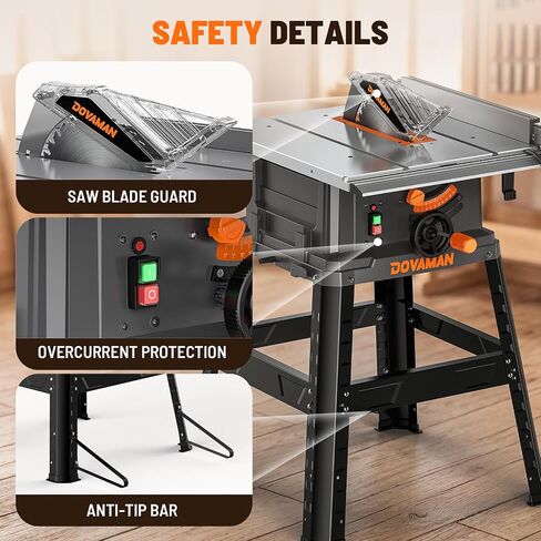 DOVAMAN 10-Inch 15A Table Saw, Tablesaw/W Stand, Max Cutting Height: 2.48" (45°) / 3.35" (90°), 5300 RPM Copper Motor, Extension on One Side, Multifunctional Table Saw for Various Wood Working in Kuwait