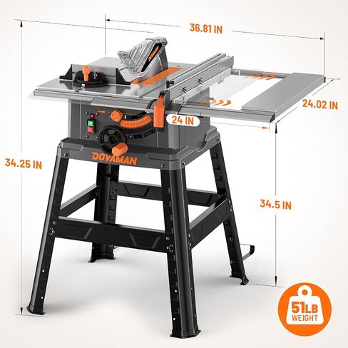 DOVAMAN 10-Inch 15A Table Saw, Tablesaw/W Stand, Max Cutting Height: 2.48" (45°) / 3.35" (90°), 5300 RPM Copper Motor, Extension on One Side, Multifunctional Table Saw for Various Wood Working in Kuwait