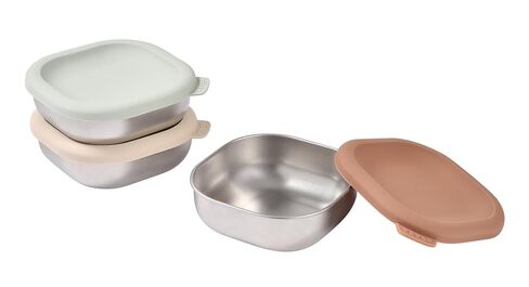 BEABA Microwave Safe Stainless Steel Baby Bowls with Lid, Set of 3, Nautral in Kuwait