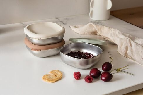 BEABA Microwave Safe Stainless Steel Baby Bowls with Lid, Set of 3, Nautral in Kuwait