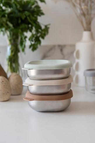 BEABA Microwave Safe Stainless Steel Baby Bowls with Lid, Set of 3, Nautral in Kuwait