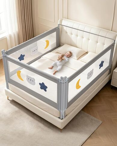 Queen Size Bed Guard Rail for Toddlers 3 Pack with Headboard Rod | 78.74"x78.74"x59.05", Adjustable Height, Headboard Rod, Wider S-Shape Base, Thickened Reinforced Pipe, Non-Toxic Fabric in Kuwait