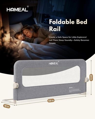 HOMEAL Bed Rail for Toddlers - 59"x24" Extra Long Foldable Toddler Bed Rails for King, Queen, Twin, Full, Double Bed - Breathable Guard Rail for Toddlers with U-Shape Base, Grey in Kuwait