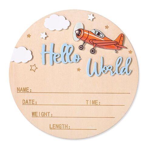 Newborn Announcement Sign, 15cm/5.91 Inch Wooden Hello World Sign Newborn Welcome Plaques Birth Name Plaques for Photo Props Hospital Nursery Gift (Blue) in Kuwait