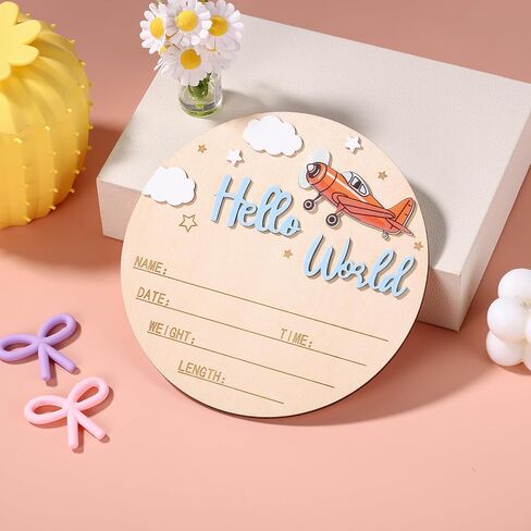 Newborn Announcement Sign, 15cm/5.91 Inch Wooden Hello World Sign Newborn Welcome Plaques Birth Name Plaques for Photo Props Hospital Nursery Gift (Blue) in Kuwait
