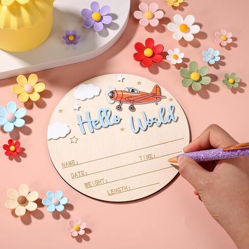 Newborn Announcement Sign, 15cm/5.91 Inch Wooden Hello World Sign Newborn Welcome Plaques Birth Name Plaques for Photo Props Hospital Nursery Gift (Blue) in Kuwait