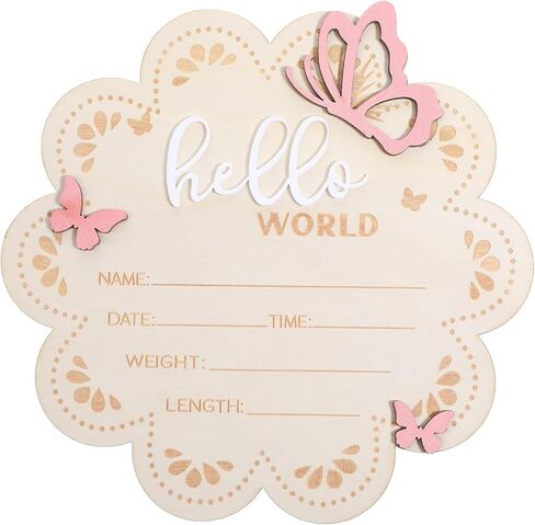 JJUNW Hello World Newborn Sign, 6 Inch Pink Butterfly Baby Name Announcement Sign Wooden Baby Welcome Signs, Birth Announcement Signs for Newborn Photo Props Babies Shower Hospital Nursery in Kuwait