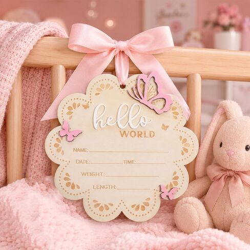 JJUNW Hello World Newborn Sign, 6 Inch Pink Butterfly Baby Name Announcement Sign Wooden Baby Welcome Signs, Birth Announcement Signs for Newborn Photo Props Babies Shower Hospital Nursery in Kuwait