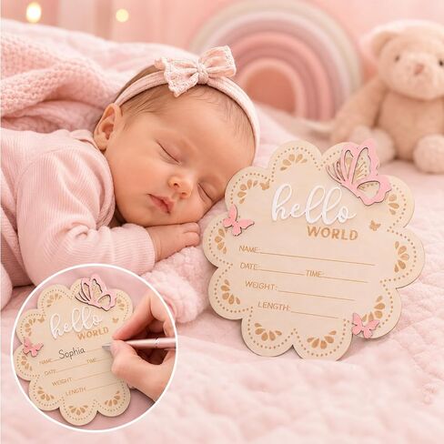 JJUNW Hello World Newborn Sign, 6 Inch Pink Butterfly Baby Name Announcement Sign Wooden Baby Welcome Signs, Birth Announcement Signs for Newborn Photo Props Babies Shower Hospital Nursery in Kuwait