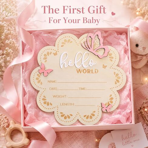 JJUNW Hello World Newborn Sign, 6 Inch Pink Butterfly Baby Name Announcement Sign Wooden Baby Welcome Signs, Birth Announcement Signs for Newborn Photo Props Babies Shower Hospital Nursery in Kuwait