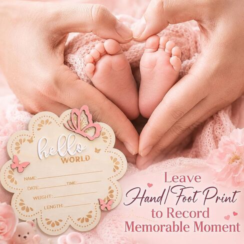 JJUNW Hello World Newborn Sign, 6 Inch Pink Butterfly Baby Name Announcement Sign Wooden Baby Welcome Signs, Birth Announcement Signs for Newborn Photo Props Babies Shower Hospital Nursery in Kuwait
