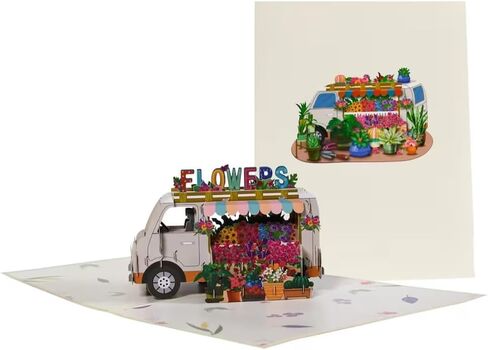 3D Pop-Up Birthday Greeting Card, Colorful Flower Truck Design, Handmade Eco-Friendly Cardstock, Blank Inside for Messages, Unique Surprise Gift for Mom Sister Girlfriend Friends in Kuwait