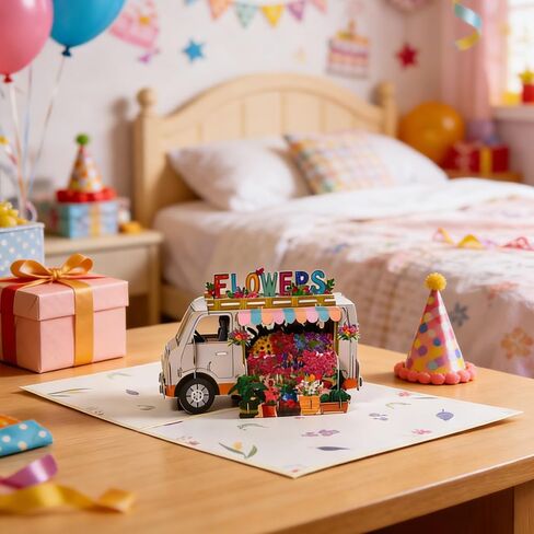 3D Pop-Up Birthday Greeting Card, Colorful Flower Truck Design, Handmade Eco-Friendly Cardstock, Blank Inside for Messages, Unique Surprise Gift for Mom Sister Girlfriend Friends in Kuwait