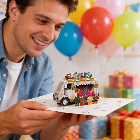 3D Pop-Up Birthday Greeting Card, Colorful Flower Truck Design, Handmade Eco-Friendly Cardstock, Blank Inside for Messages, Unique Surprise Gift for Mom Sister Girlfriend Friends in Kuwait