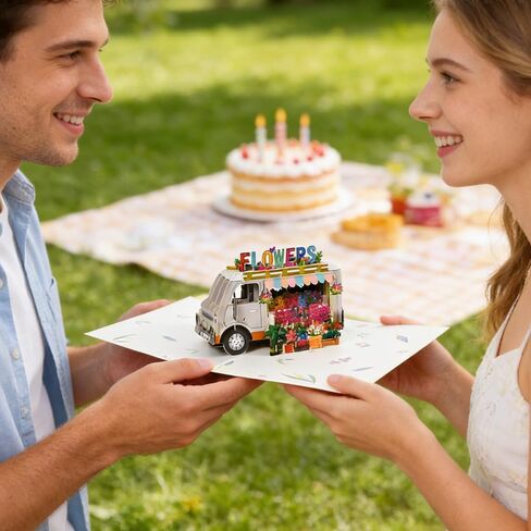 3D Pop-Up Birthday Greeting Card, Colorful Flower Truck Design, Handmade Eco-Friendly Cardstock, Blank Inside for Messages, Unique Surprise Gift for Mom Sister Girlfriend Friends in Kuwait