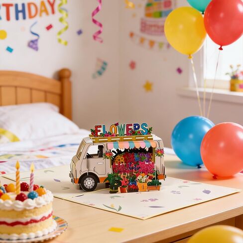 3D Pop-Up Birthday Greeting Card, Colorful Flower Truck Design, Handmade Eco-Friendly Cardstock, Blank Inside for Messages, Unique Surprise Gift for Mom Sister Girlfriend Friends in Kuwait