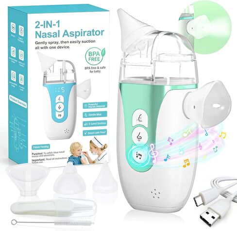 Electric Nasal Aspirator for Baby, 2-in-1 Nose Sucker with Spray, Full Kit | 5-level max 70kPa suction nasal aspirator, anti-backflow leakproof, food-grade BPA-free silicone tips, low noise & kid safe in Kuwait