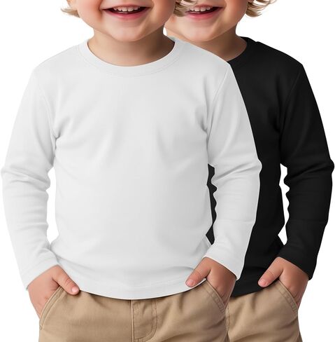 2 Pack Toddler Boys' Long Sleeve Shirts | Cotton T-Shirts, Crew Neck, Loose Fit Tees, foy Baby Boys 18 Months-5T, Toddler Girl, Basic Tops, Casual, Solid, Basic, in Kuwait