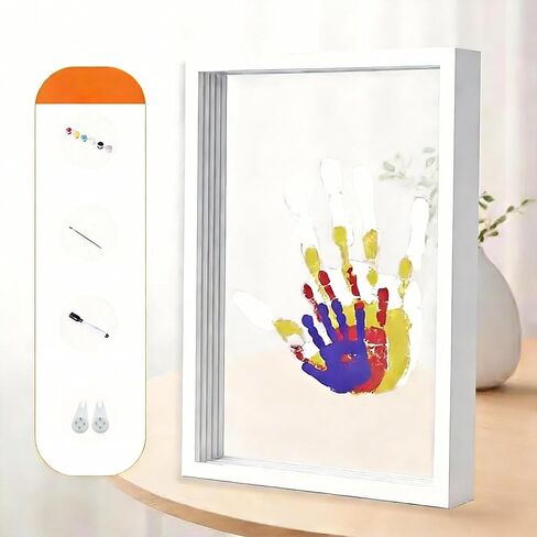 Family Handprint Kit, DIY Craft Keepsake with Wooden Frame, Craft Photo Frame Hand Print Ornament Set, Family Personalized Gift for New Baby (White, 4 Transparent Sheets) in Kuwait