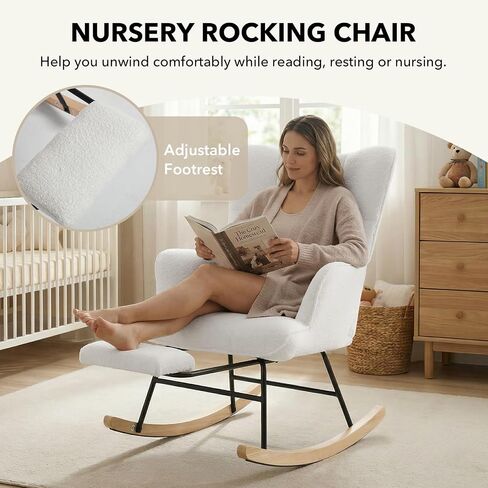 Nursing Rocking Chair, Teddy Fleece Upholstered Glider Rocker with Adjustable Footrest, High Back Rocking Reading Chair with Side Pocket, Cozy Accent Armchair for Living Room Bedroom (White) in Kuwait