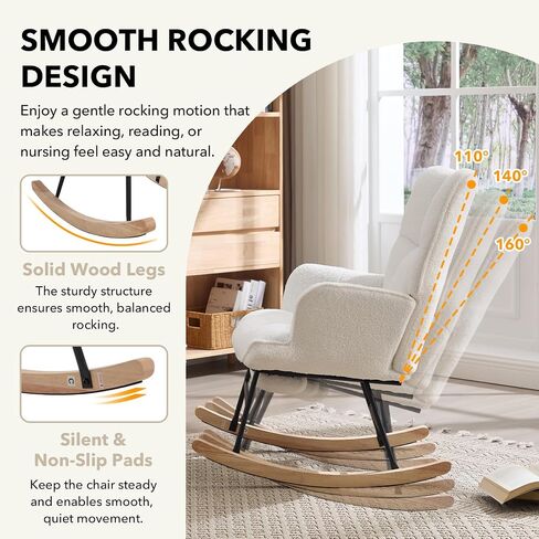 Nursing Rocking Chair, Teddy Fleece Upholstered Glider Rocker with Adjustable Footrest, High Back Rocking Reading Chair with Side Pocket, Cozy Accent Armchair for Living Room Bedroom (White) in Kuwait