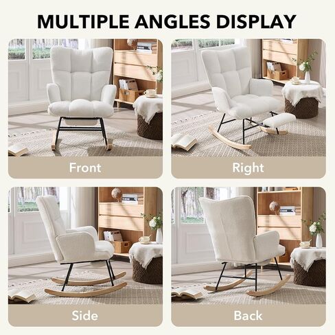Nursing Rocking Chair, Teddy Fleece Upholstered Glider Rocker with Adjustable Footrest, High Back Rocking Reading Chair with Side Pocket, Cozy Accent Armchair for Living Room Bedroom (White) in Kuwait