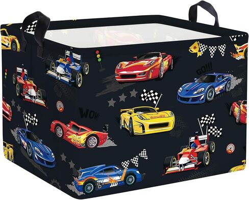 Clastyle Competitive Race Car Kids Book Storage Basket Checkered Flag Clothes Laundry Basket Parents Gift Toy Box for Bedroom Shower, Grey, 40x30x30 cm in Kuwait